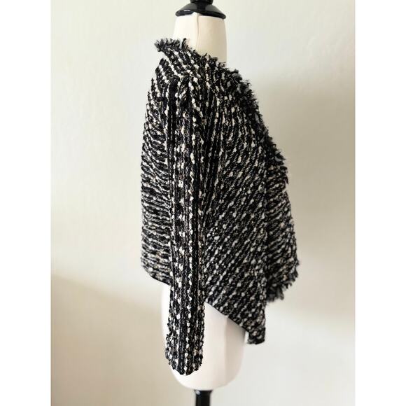 McGinn Black White Wool Tweed Fringe Drape Collar Blazer Jacket Size Small - Picture 3 of 8